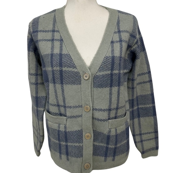 Aritzia Wilfred Bethany Cashmere Blend Ice Blue Plaid V-Neck Cardigan SZ XS GUC - Picture 1 of 6